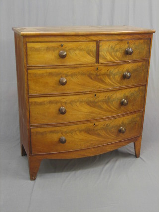A Victorian bleached mahogany bow front chest of 2 short and 3 long drawers, raised on bracket feet 40"