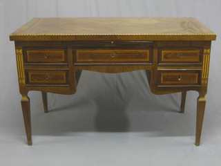 A 19th Century Continental Kingwood and inlaid marquetry desk the top also inlaid satinwood stringing, the base fitted a brushing slide above 1 long drawer, flanked by 4 short drawers, raised on square chamfered supports 52"