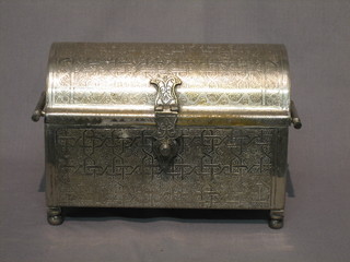 A 20th Century Eastern engraved white metal, twin handled, dome shaped trinket box, raised on bun feet 10"