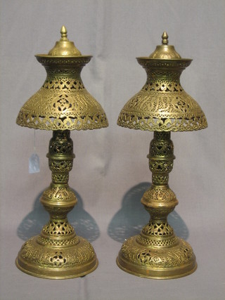 A pair of Eastern pierced brass table lamps 21"
