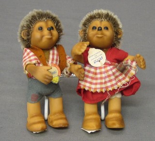 2 small rubber Steiff teddybears in the form of boy and girl hedgehog, 5"