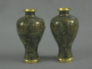 A pair of 20th Century brown and floral patterned club shaped cloisonne vases 7"