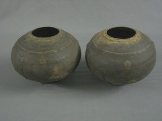 A pair of Eastern globular engraved metal vases 6"