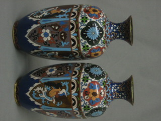 A pair of 19th Century cloisonne club shaped vases 10"
