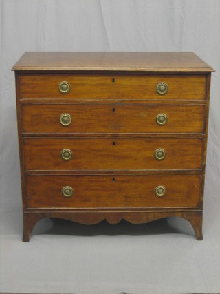 A Georgian mahogany chest of 4 long drawers, raised on splayed bracket feet 38"