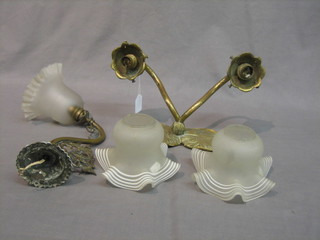 An Art Nouveau style gilt metal twin light wall bracket with 2 glass shades and 1 other wall bracket with glass shade