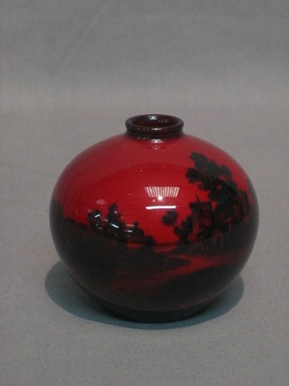 A Royal Doulton flambe globular shaped vase decorated a landscape and church 2"