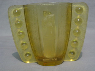 An Art Deco Lalique style amber glass twin handled vase decorated classical ladies 6"