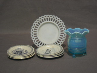 6 19th Century blue and white childs dolls house tea plates decorated figures 3 1/2"