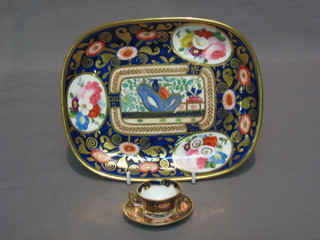A 19th Century rectangular Derby style, Imari patterned dish 7" and a miniature Crown Derby cup and saucer (saucer chipped)