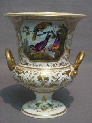 A 18th Century Crown Derby twin handled vase of campanular form, decorated birds, 8" (chip to base, handles f)