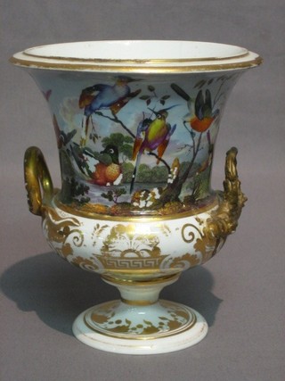 An 18th Century Royal Crown Derby porcelain twin handled vase of campanular form, decorated birds (handle r) 6"