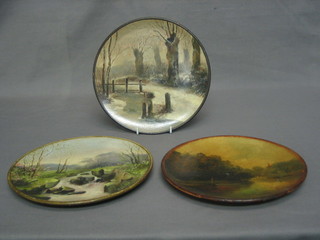 3 terracotta plates decorated landscape, the reverse impressed Terracotta Works 8"