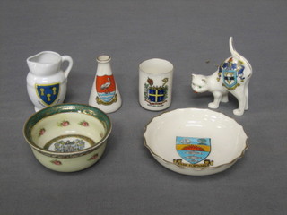 A Goss jug decorated Arms of Western Supermare 4", a Goss vase - Arms of Cranbrook 2" and 4 other items of crested china
