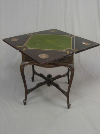 An Edwardian mahogany envelope card table fitted a drawer and raised on cabriole supports with X framed stretcher 21"