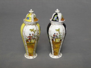A pair of late Dresden urns and covers decorated Romantic Scenes 6"