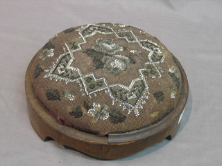 A circular Victorian walnut footstool with bead work seat 12" (requires some attention)