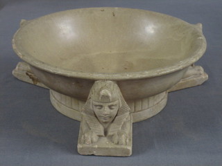 A 1930's circular pottery bowl supported by 3 sphinx (chip to rim) 9"