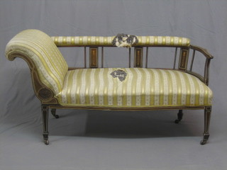 An Edwardian show frame inlaid mahogany couch  upholstered in Regency stripe material 58" (arm f)