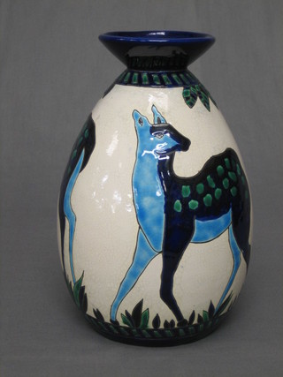 A blue glazed Art Pottery vase decorated stylised deer, 10"