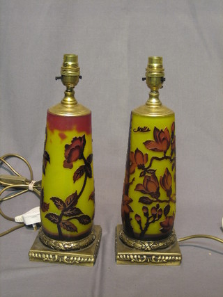 A pair of Galle style amber coloured glass table lamps 11"