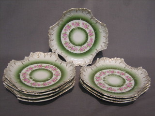 9 19th/20th Century Continental porcelain dessert plates with green, gilt and floral banding 9" (1 crazed)