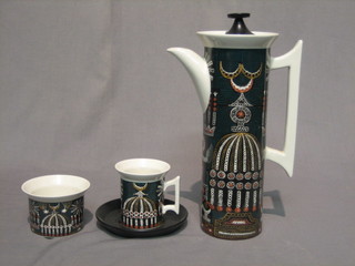 A Port Meirion Magic City design coffee service comprising coffee pot, cream jug, sugar bowl, 6 cups and 6 saucers, (3 cups with chips)
