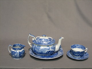 A Copeland Spode blue and white Italian pattern teapot 9", a square plate 9", 7 cups, 6 saucers, a cream jug, 6 tea plates 6",