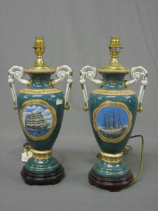 A pair of green porcelain twin handled table lamps decorated sailing ships 14"