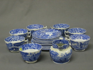 A Copeland blue and white Italian pottery jug 3", 4 Copeland tea plates 6", 
