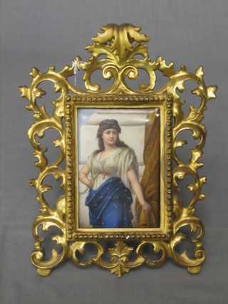 A Continental porcelain plaque depicting a classical lady 6" x 4" contained in a gilt gesso frame