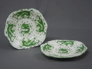 2 Ashbury green glazed pottery plates decorated dragons 9"