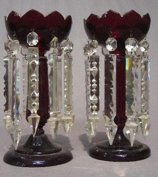 A handsome pair of Victorian red glass lustres 12"
