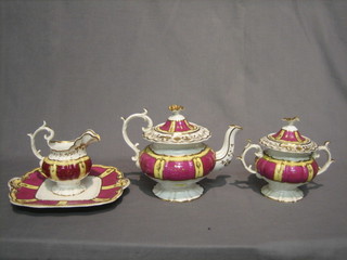 A 37 piece Rockingham style tea service comprising teapot (cracked), twin handled sucrier, 2 square plates 10", cream jug, sugar bowl, 12 saucers (1 chipped), 21 cups all with puce and green banding (some wear)