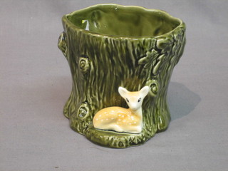 A green glazed Sylvac vase in the form of a tree stump decorated a deer, base impressed 4287, Sylvac England 4"