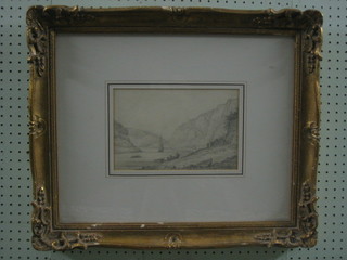 An 18th/19th Century pencil drawing "River with Sailing Ship and Figures" 7" x 10"