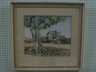 John Coitrell, watercolour "Middle Eastern Scene with Building and Tree" 12" x 14"