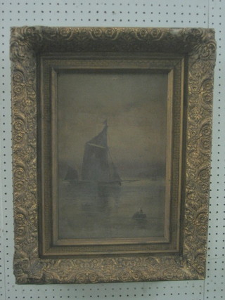 19th Century oil painting on canvas "Moored Barge at Dusk" 16" x 10" (some holes)