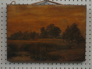 A 19th Century oil on canvas "Pond, Field and Church in Distance" 10" x 14" (some crackling)