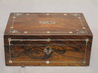 A Victorian rosewood and inlaid mother of pearl trinket box with hinged lid 11"