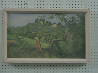 Gordon Davies, oil painting on board "Vinyard at Cortono" signed and dated '81 11" x 18"