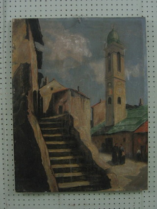 Greek School, oil on board "Street with Buildings and Church" 25" x 20"