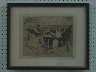 An etching "Continental Bridge with Hilltop Fortress" 8" x 9"