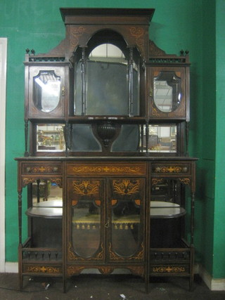 A Victorian inlaid rosewood chiffonier sideboard with raised mirrored back, fitted a cupboard, the base fitted 2 drawers and a cupboard enclosed by a glazed panelled door 54"