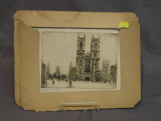 An etching "Westminster Abbey" 6" x 7" indistinctly signed