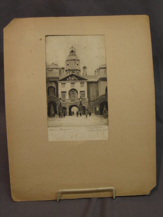 An etching "Horse Guards" 6" x 4" indistinctly signed (some foxing)