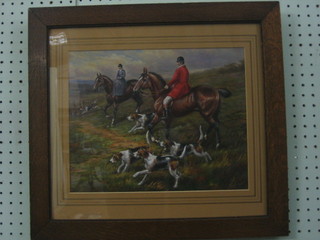 An oil painting on board "Huntsman, Hounds and Lady" 10" x 13"
