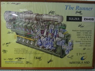 A colour poster "The Runner Sulzer Za40S Marine Engine" the other copy to be found on P & O Cruise Liner Oceana, signed by the Engineering Officer and Engine Room crew 27" x 39"