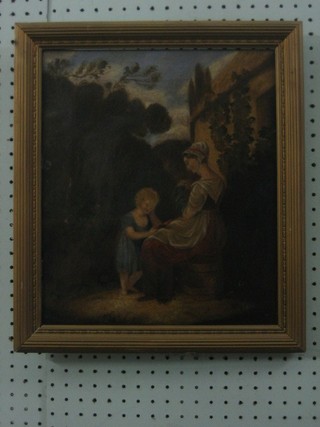 An 18th/19th Century oil painting on canvas "Seated Mother and Child" 13" x 11"