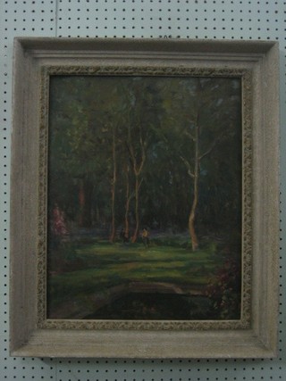 A 1930's oil on board "Two Figures Standing in Wooded Area" 19" x 15" the reverse painted a still life study "Vase"